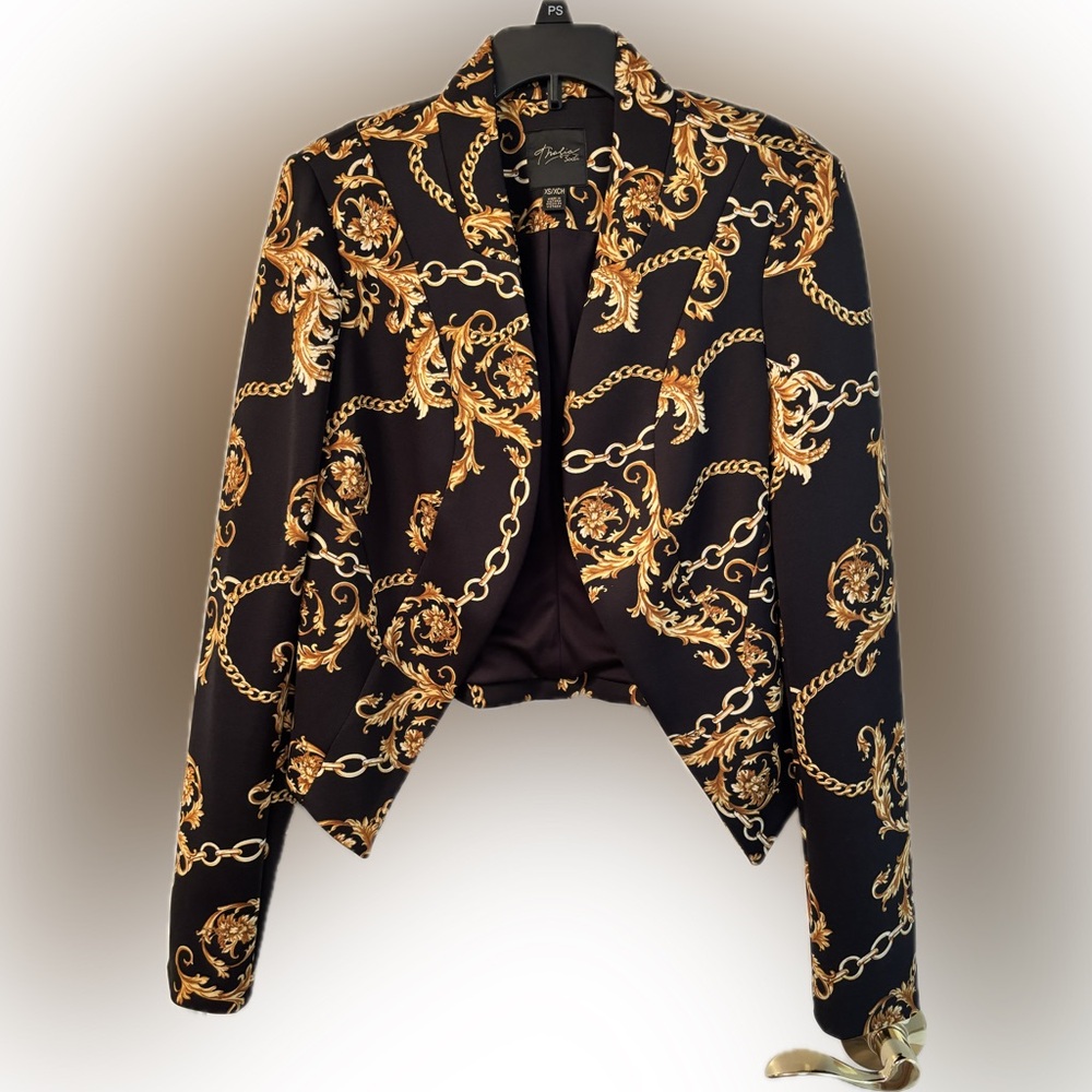 Thalia Sodi Baroque-Print Cropped Boulero Blazer Jacket - Black & Gold